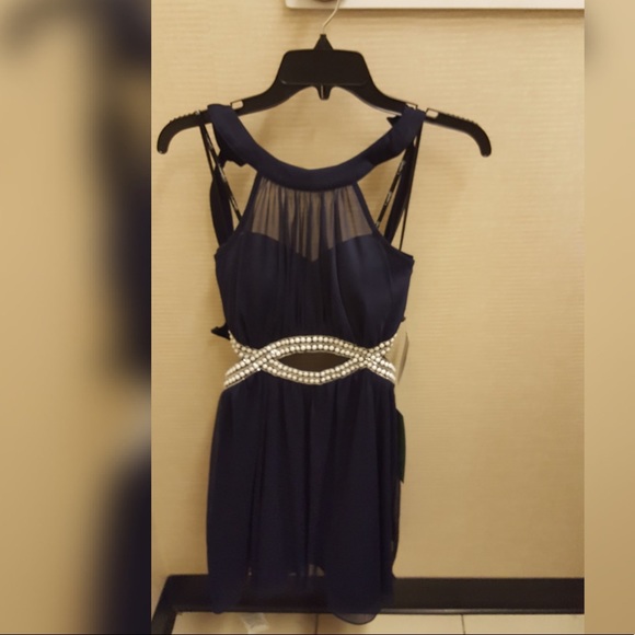 Juniors Navy Blue Pearl beaded belt Flowy dress - Picture 2 of 5